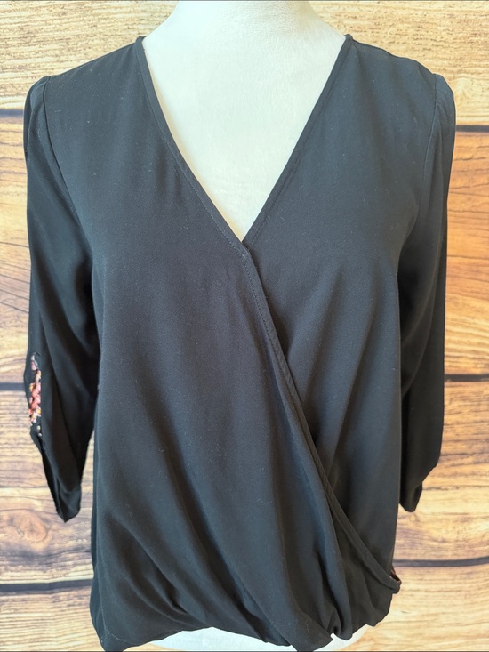 Hem & Thread Tops - Hem & Thread Black Wrap Front Blouse with Embroidered Sleeve